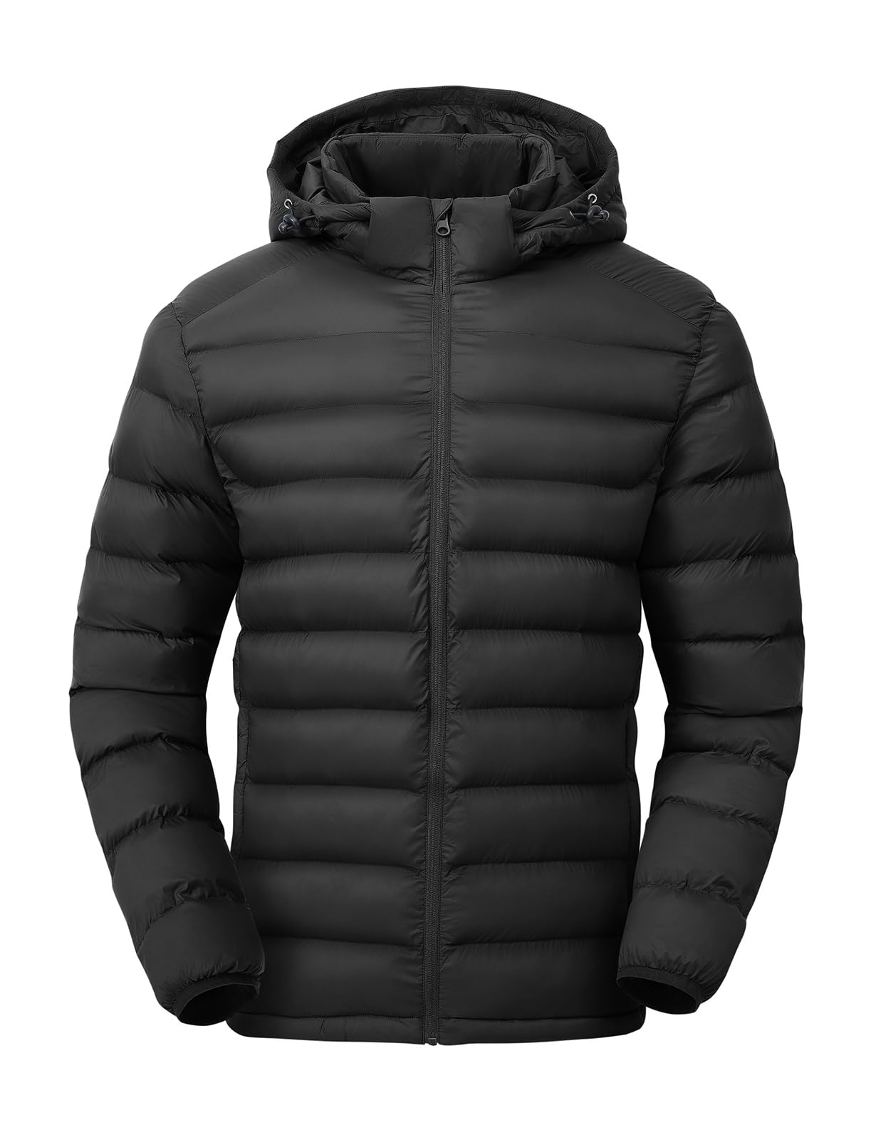 Photo 1 of TBMPOY Men's Lightweight Puffer Down Jackets Detachable Hood Water-Resistant Winter Coat Hooded Insulated for Travel Ski Black M