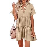 Dellytop Womens Drawstring V Neck Dress Ruffle Tiered Short Sleeve Babydoll Tunic Swing Sundresses