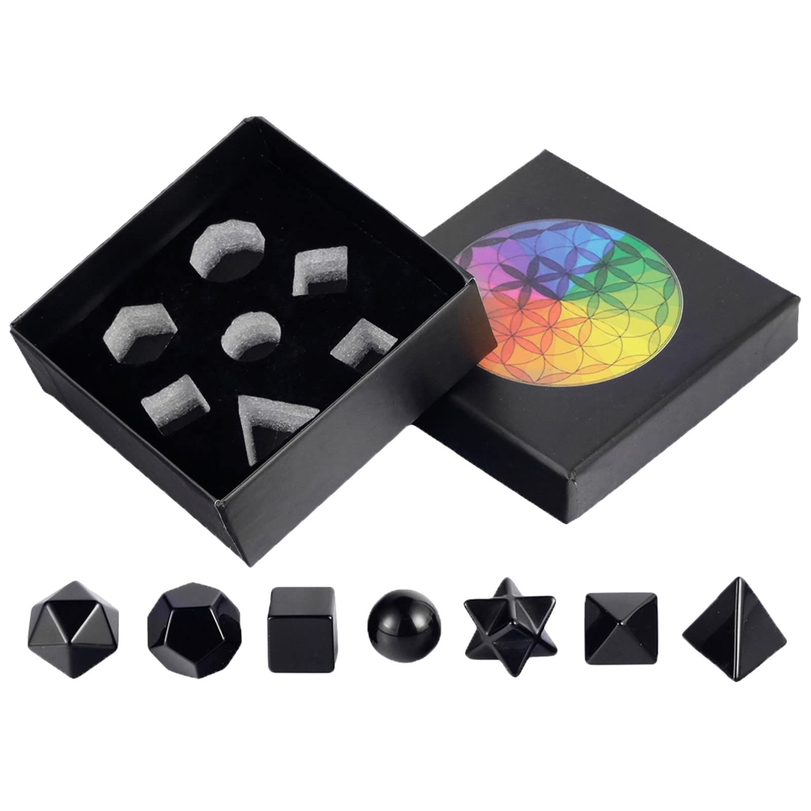 Nupuyai Obsidian Crystal Stone Platonic Solids Sacred Geometry Set, Merkaba Star Carved Stone Kit for Reiki Healing Home Decor