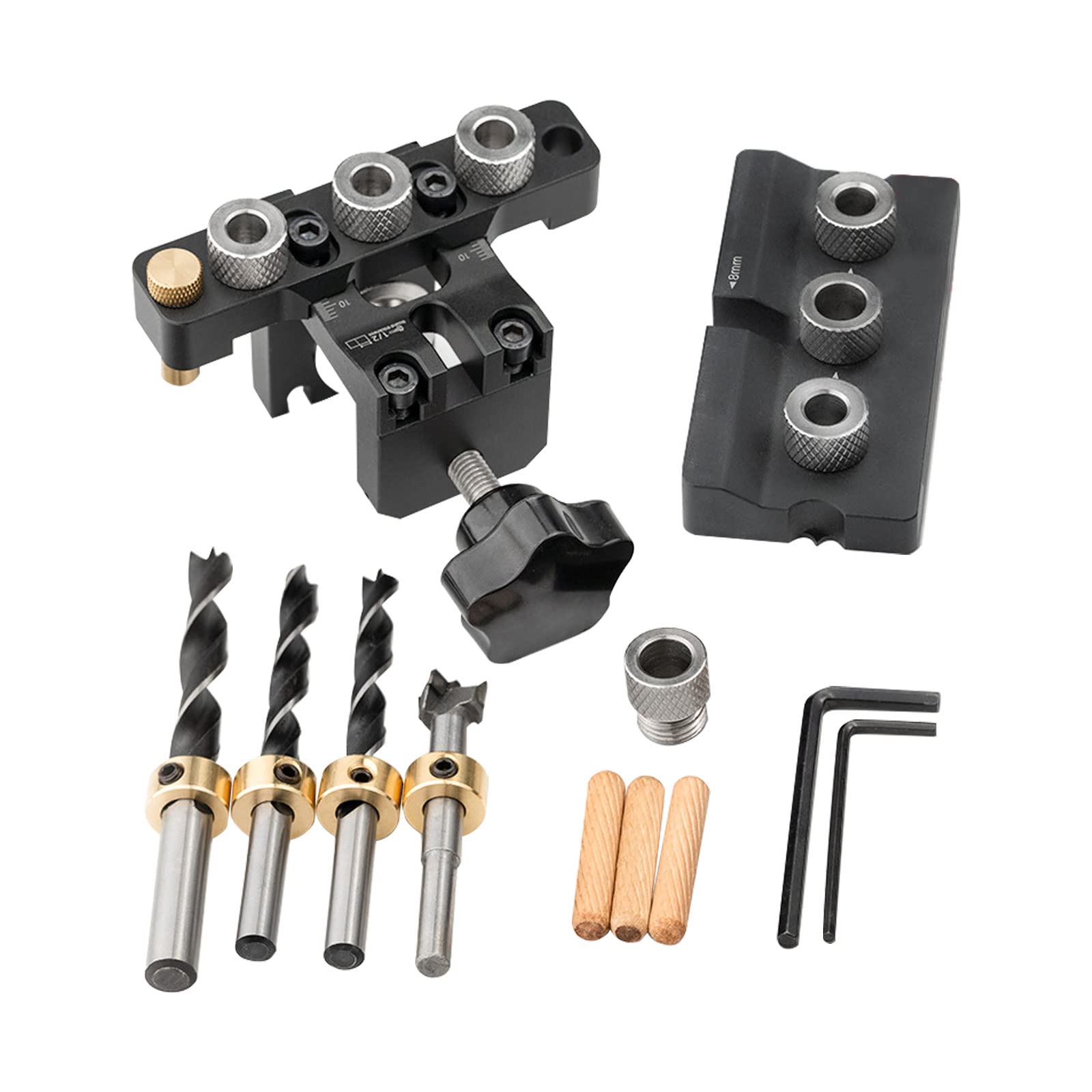3 in 1 Woodworking Drilling Jig Dowelling Jig Kit, 8/10/15mm Pin Fixture Puncher Locator Dowel Drill Guide Kit with 4 Drill Bits