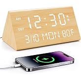 Premium Wooden Digital Alarm Clock with USB Charging Ports, Dimmable LED Display, Date, Day of Week, Temperature, DST, Clocks