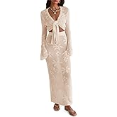 Saodimallsu Womens Crochet Swim Cover Up 2 Piece V Neck Long Sleeve Wrap Tie Crop Tops Beach Boho Maxi Coverup Set