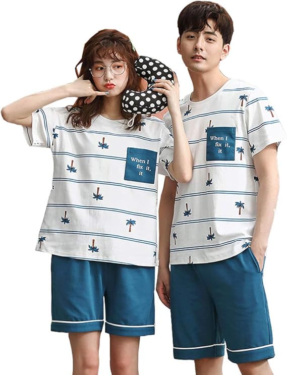 Amazon ペアルック ルームウェアペア パジャマ ギフト 上下2点セット綿 パジャマ お揃いパジャマ 上下セット 母の日 父の日 プレゼント パジャマ 部屋着 半袖 可愛い 結婚祝い 男女ペア 夏 青 おしゃれ カジュアル 寝間着 パジャマ ルームウェアセット 通販