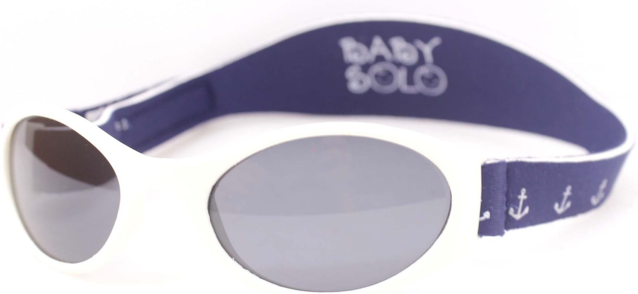 Baby Solo | Baby Sunglasses & Toddler Sunglasses | Soft, Comfortable & Adjustable | Promotes Eye Health | Safe & BPA FREE | (3-5 years old, Sail Away Blue and White Anchor Frame w/ Solid Black Lens)