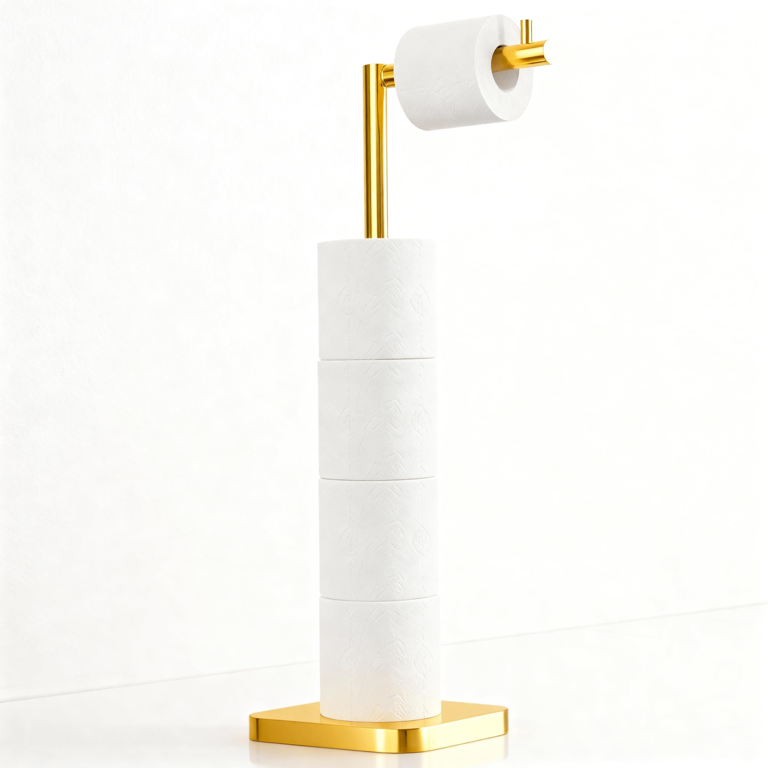 Toilet Roll Holder Free Standing – Toilet Roll Stand for 5 Rolls – Stainless Steel Loo Roll Holder with Heavy Stable Base – Pedestal Free Standing Toilet Roll Holder for Bathroom (Golden)