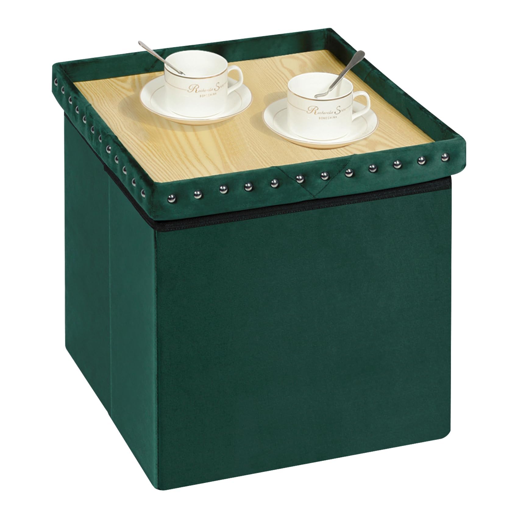 Bonlife Velvet Ottoman with Storage,Large Storage Boxes with Lids,Folding Coffee Table Ottoman Seat,Footstool for Living Room,Green,40x40x40cm