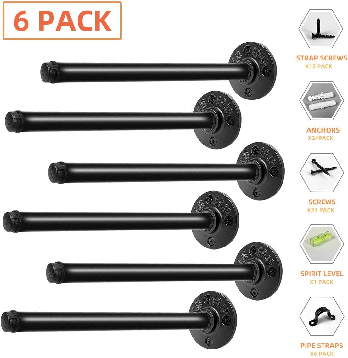 Pipe Shelf Brackets 8 Inch, Industrial Black Metal Wall Pipe Floating Shelf Bracket Heavy Duty Decorative Shelving Brackets for Wood Shelves, Rustic Farmhouse Vintage Style - 6 Pack: Home Improvement