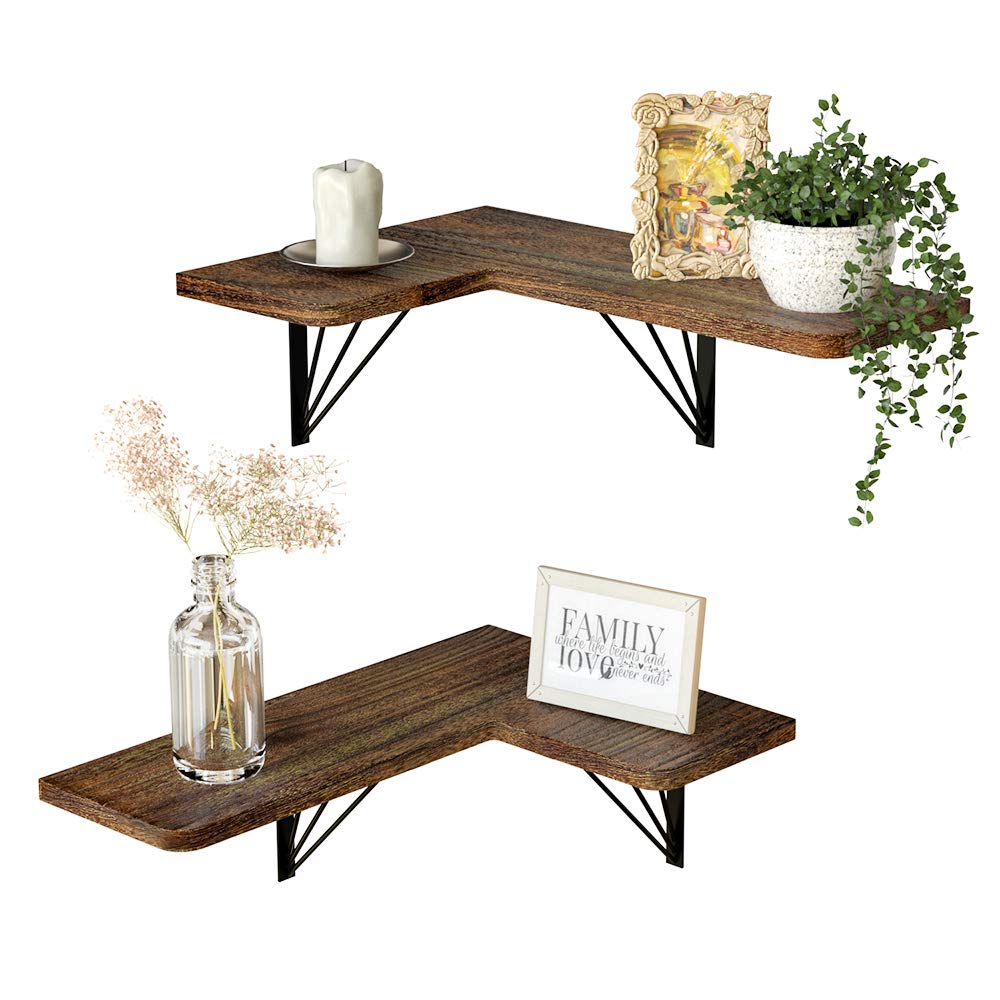 J JACKCUBE DESIGN Corner Shelf Wall Mount Rustic Wood Floating Shelves for Bedroom Living Room Bathroom Kitchen Set of 2 - MK700A