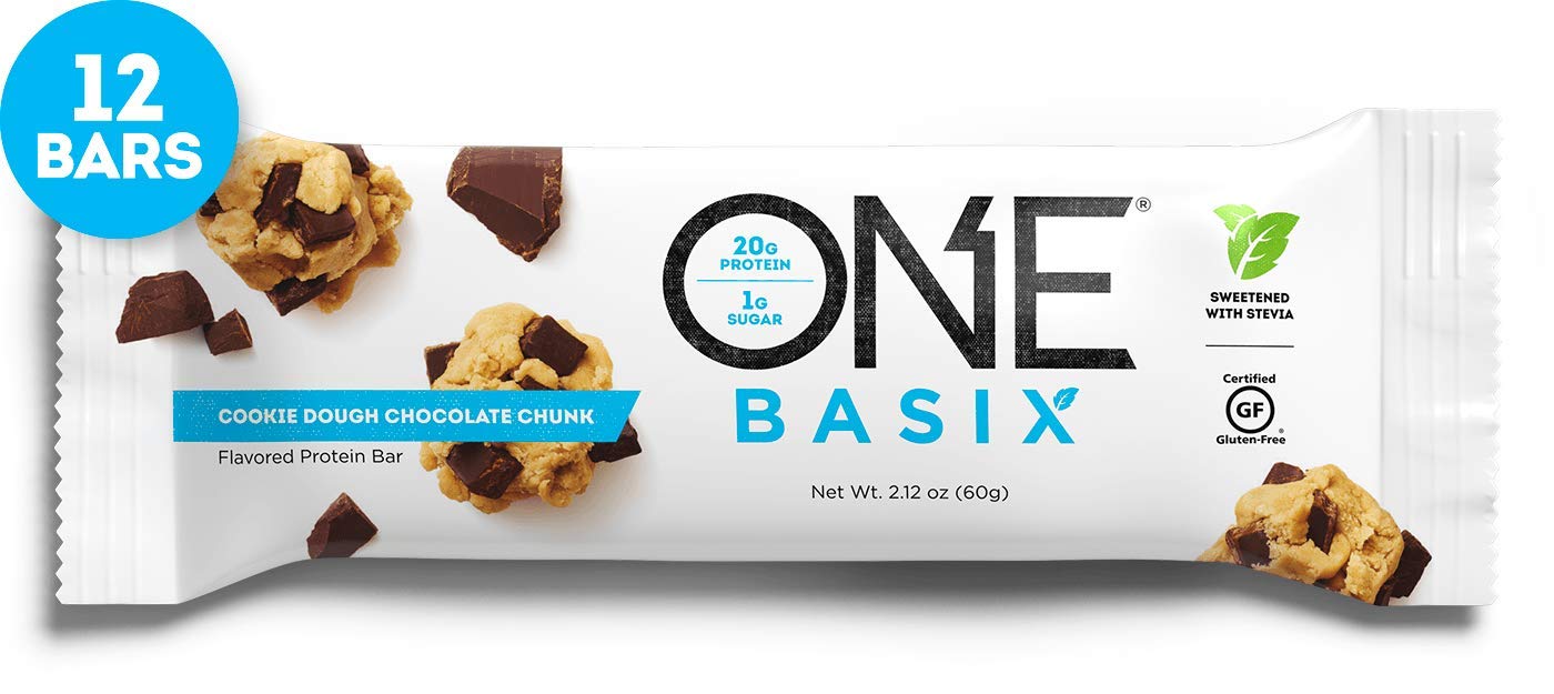 ONE Basix Protein Bars, Cookie Dough Chocolate Chunk, Gluten Free Protein Bars with 20g Protein and only 1g Sugar, Guilt-Free Snacking for High Protein Diets, 2.12 oz (12 Pack)