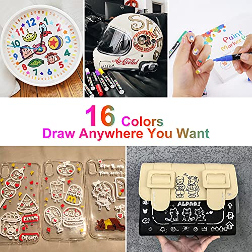 Acrylic Paint Pens, 16 Colors 1MM Permanent Marker Pens, Rock Drawing Pens for DIY on Porcelain/Wood/Glass/Pebbles, Waterproof/Oil-Based/Quick-Dry/Non-Toxic Paint Markers