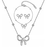 WYBYQ Bow Necklace Stud Earrings Bracelet - Gold Color Stainless Steel Jewelry Set for Women, Bowknot Accessories Gifts