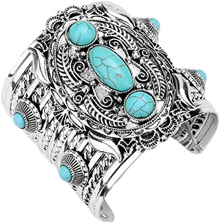 Aris Chunky Metalwork Cabochon Squash Blossom Turquoise Stone Cuff Bracelet Bundle: Bangle & Bag (Chunky Turquoise)
