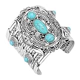 Aris Chunky Metalwork Cabochon Squash Blossom Turquoise Stone Cuff Bracelet Bundle: Bangle & Bag