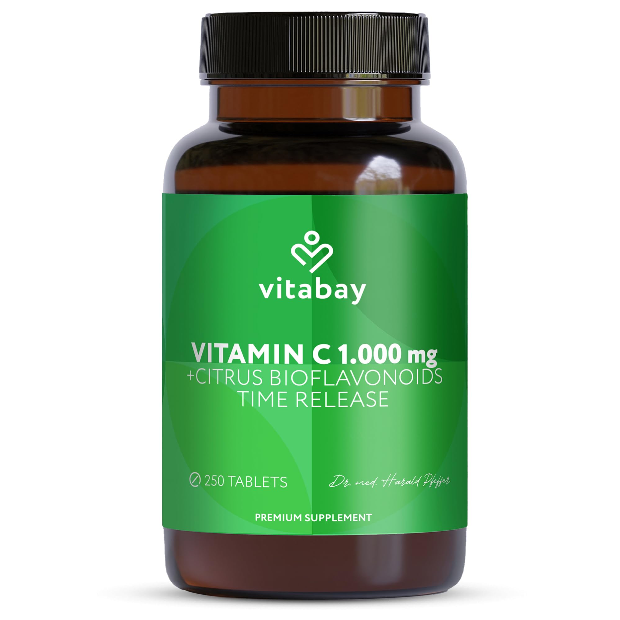 Vitabay Vitamin C 1000mg – 250 Vegan Time Release Tablets – Buffered Vitamin C with 50mg Citrus Flavonoids – from Plant Fermentation with Acacia Fibers – Laboratory Tested in Germany