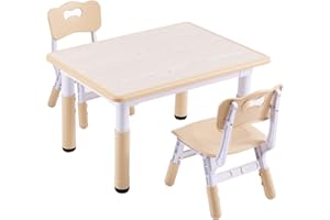 DOREROOM Kids Table and 2 Chairs Set, Height-Adjustable Toddler Table and Chair Set with Graffiti Desktop, 31.5''L x 23.6''W Children Activity Table for Daycare, Classroom, Home