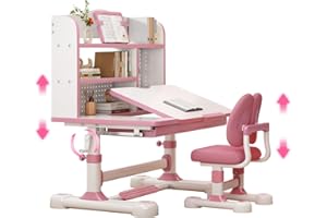 TAKEAUFLY Kids Study Desk and Chair Set, Iron and Wood Ergonomic Design with Height Adjustment & 0-50° Tiltable Desktop, Storage for Ages 3-12 (013-Pink)