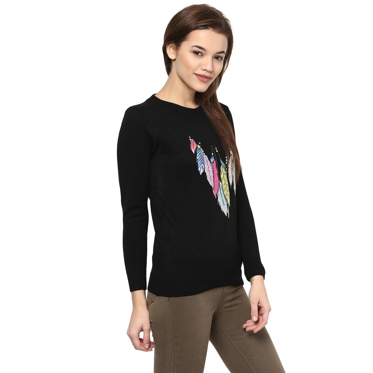 camey women's fashion stretchy round neck black long sleeve pullovers sweaters top