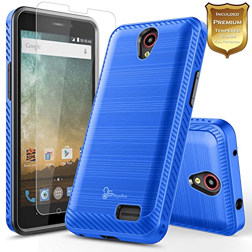 ZTE Maven 3 Case, ZTE Overture 3 Case with [Tempered Glass Screen Protector], ZTE Prelude Plus Case(4G LTE), NageBee [Carbon Fiber Brushed] Defender [Dual Layer] Protector Hybrid Case (Blue)