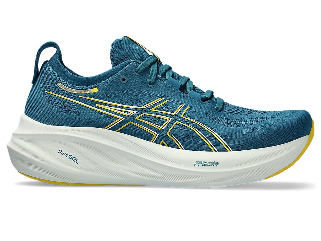 ASICS Men's Gel-Nimbus 26 Running Shoe, 9, Evening Teal/Light Mustard Image