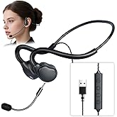 QOEKUEY Open Ear Headphones - USB Wired Headset with Microphone for PC, Comfortable Computer Headset with Noise Cancelling & Crystal Clear Calls for Call Center, MS Teams, Skype, Webinars and More
