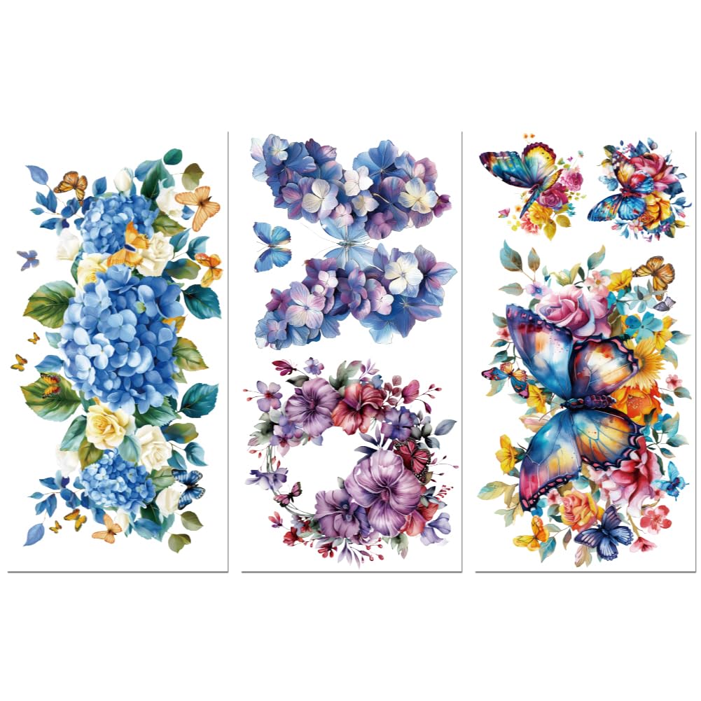 Peacoblue Blue Rub on Transfers for Crafts 3Pcs Butterflies Bushes 15cmx30cm, UV DTF Waterproof Japanese Furniture Transfer for Chest of Drawer Dresser Glass Porcelain Wood Plastic