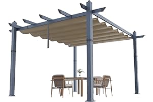 GarveeLife 10x13 ft Aluminum Pergola, Outdoor Metal Pergola with Adjustable Canopy, Reinforced Frame Outdoor Shelter for Backyard, Garden and Deck - Khaki