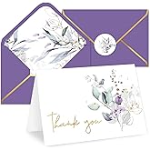 JarThenaAMCS 50 Pack Greenery Floral Thank You Cards Boxed Purple Flower Greeting Cards with Envelope Sticker Gold Foil Blank Note Card for Wedding Bridal Baby Shower Birthday, 4 x 6 Inch
