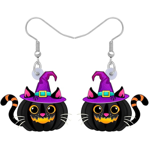 Halloween Black Cat & Pumpkin Earrings - Hypoallergenic Dangle Earrings For Women & Girls - View #9
