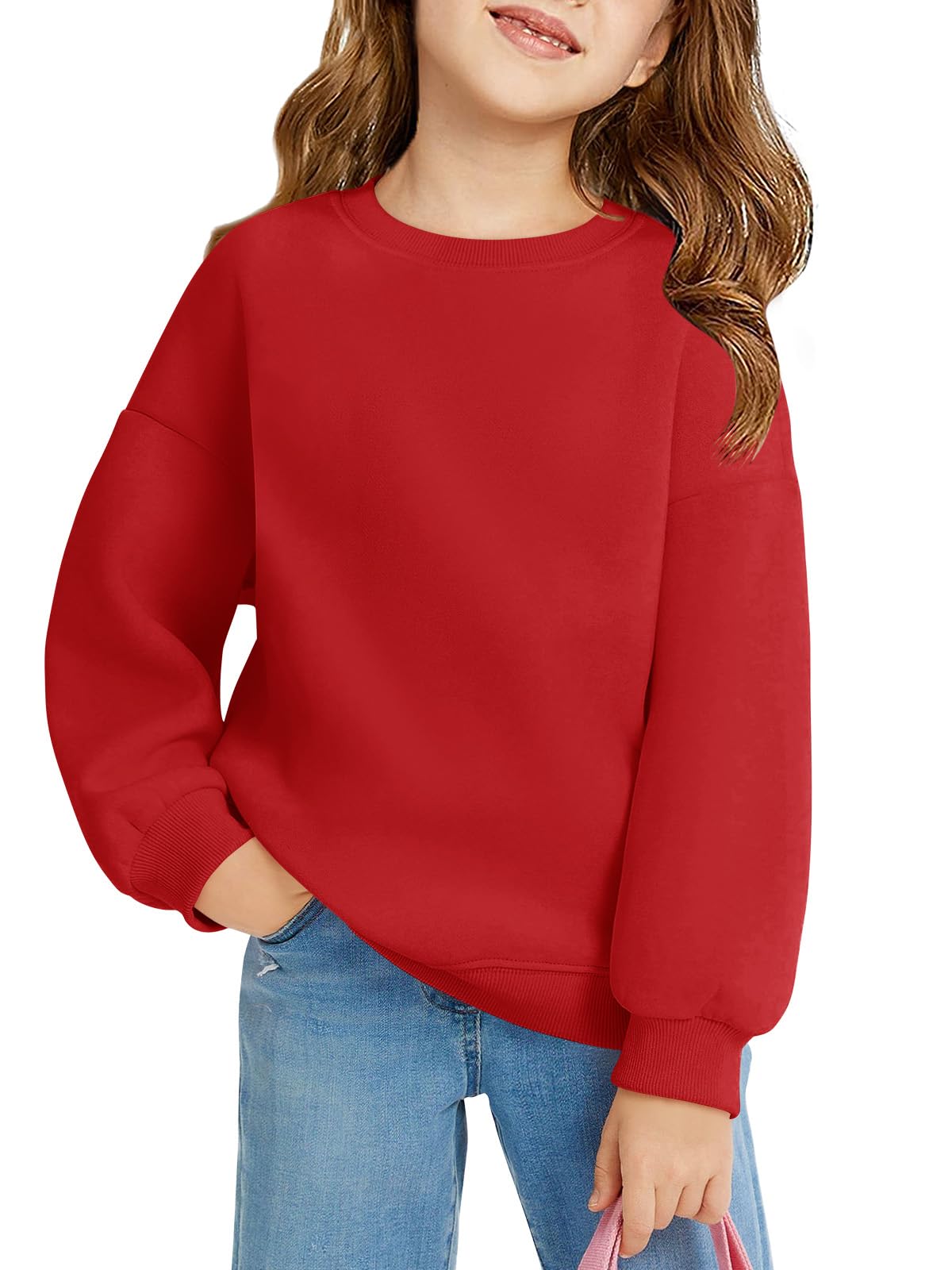 Photo 1 of Haloumoning Girls Oversized Crewneck Sweatshirts Kids Fashion Fleece Drop Shoulder Pullover 5-14 Years Red