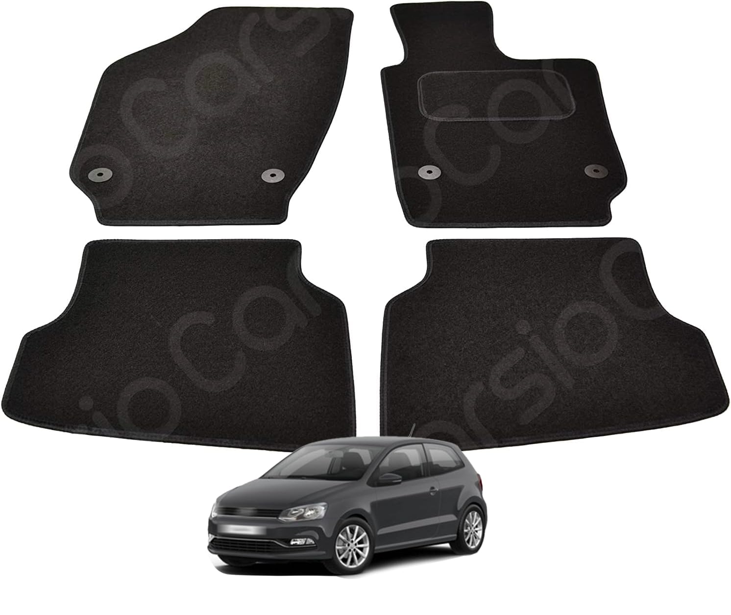 Carsio Carpet Car Mats For Volkswagen Polo 6R 2009 2016 4 Piece Set with 2 Clips Tailored Fit Floor Mat Complete Accessory Black Custom Fitted - All Weather, Anti-Slip Backing & Black Trim