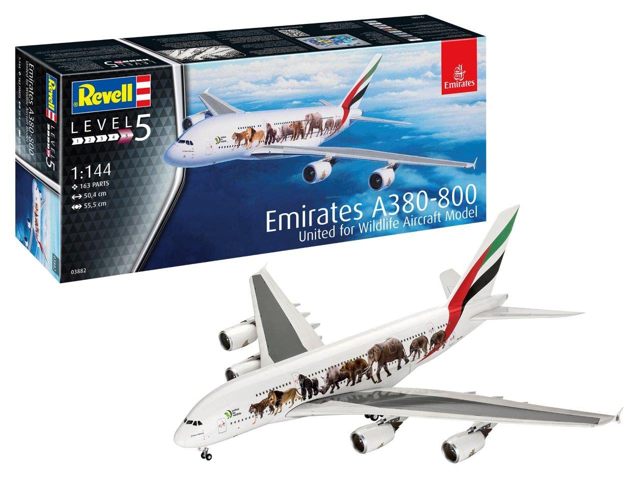 Revell 03882 1:144 Airbus A380-800 Emirates 'Wild Life' Plastic Model Kit, Multicolour, 1/144