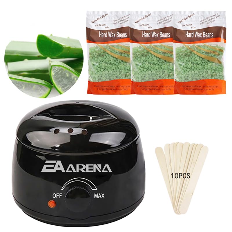 Wax Warmer Kit for Hair Removal - Professional Pot With Bowl, 3 Bags Wax Beads, Applicator Sticks - Home Waxing Machine for Full Body (Aloe Vera Black Pot)