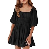 Girls Summer Dresses Square Neck Lantern Sleeve Tie Backless Ruffle A-Line Party Mini Dress