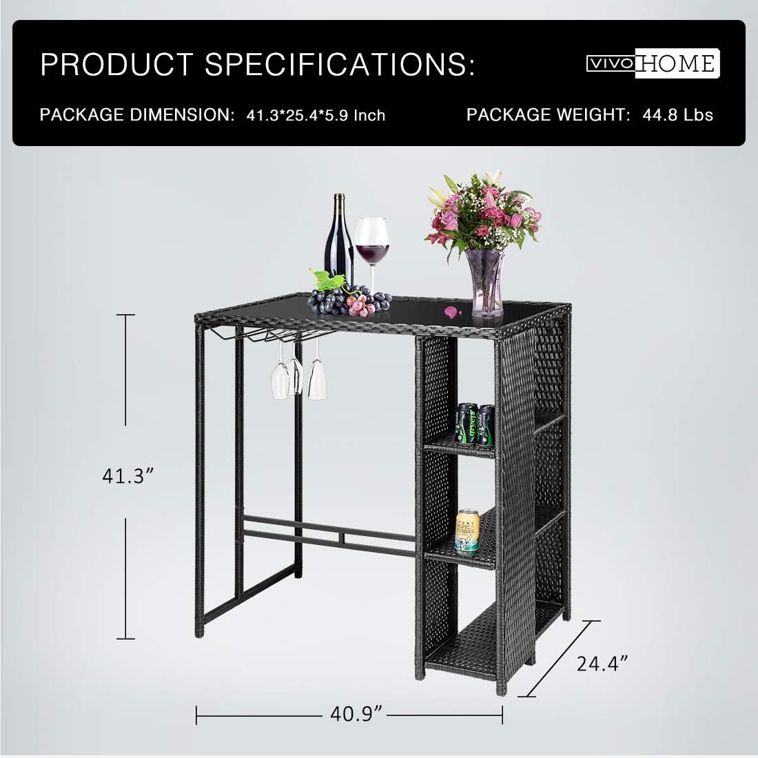 VIVOHOME Outdoor Patio Wicker Bar Table Rattan Counter Furniture with 3 Goblet Holders and 3 Storage Shelves for Lawn Garden Backyard Black: Kitchen & Dining