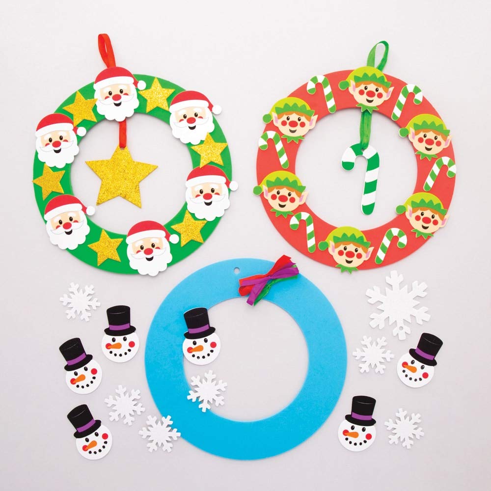 Baker Ross AT338 Christmas Wreath Kits - Pack of 3, Foam Craft Activities for Kids to Assemble, Decorate and Display Great as a Gift for Creative Children
