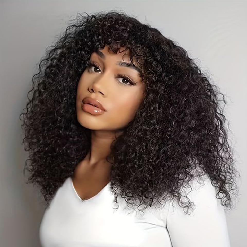Human Hair Wig For Black Women 16 Inch Short Curly Wigs With Bangs 180% Density Brazilian Kinky Curly Human Hair with Bangs Afro Bob Wig Natural Black