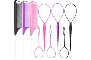 Luumxai 9pcs Topsy Hair Tail Tool and rat tail comb set,6pcs French Braiding Tool ring,3Pcs Metal Parting Combs,Woman Girl Hair Styling (Pink,Purple, Black)