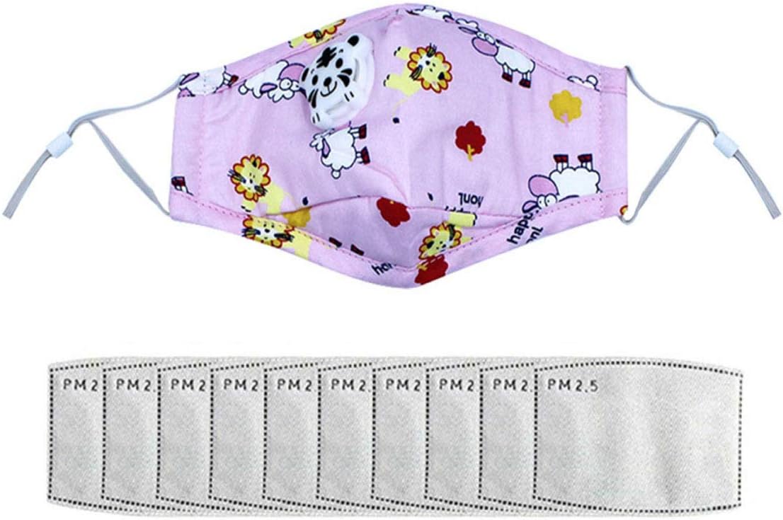 Kids Mask+10pcs Filters (Pink Cartoon Mask Random for Boys) Activated Carbon Filters Dustproof Anti Pollution Washable Cotton for Children Outdoor Activities