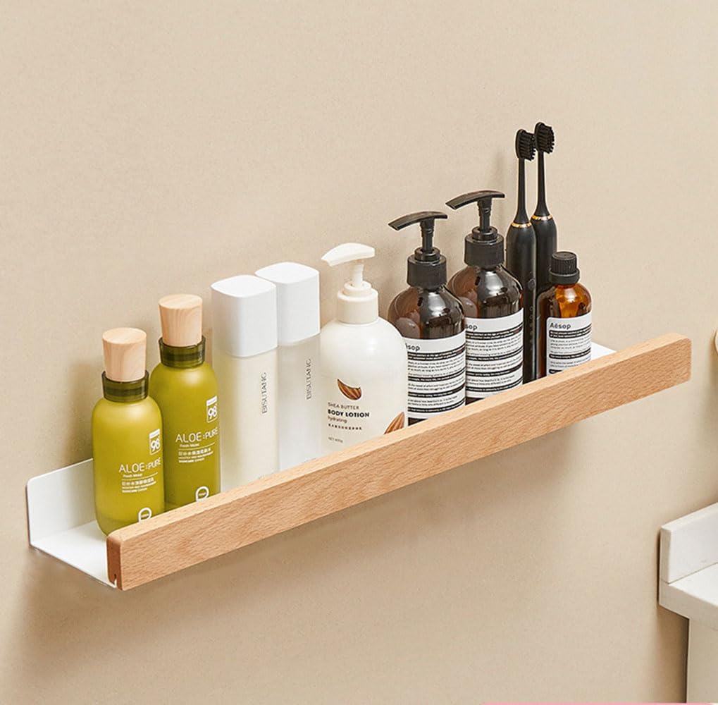AJINGELA Wall Mounted Floating Metal Shelf Ledge,White Bathroom Shelf Wall Mount Shelf Decorate with Solid Wood Edges Space Saving Rustproof Extra Strong Floating Shelves Storage Rack(60CM)