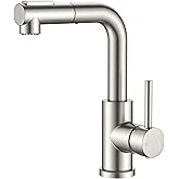 FORIOUS Modern Bar Sink Faucet Brushed Nickel, Stainless Steel Single Handle Small Kitchen Sink Faucet with Pull Out Sprayer, 360° Swivel Spout L-Shaped Design Suitable for Camper Outdoor Bathroom RV