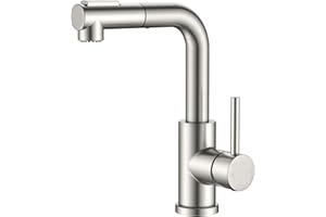 FORIOUS Modern Bar Sink Faucet Brushed Nickel, Stainless Steel Single Handle Small Kitchen Sink Faucet with Pull Out Sprayer, 360° Swivel Spout L-Shaped Design Suitable for Camper Outdoor Bathroom RV