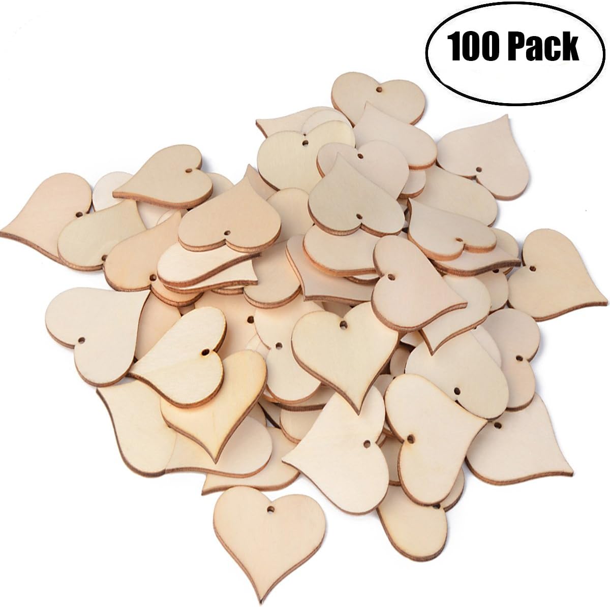 ASTUBIA Blank Wooden Love Heart Tags Wood Name Tags Blessing Gift Tags Slices with Hole Art Craft for Christmas, Birthday Party, Wedding Decoration(47mm,100pcs)