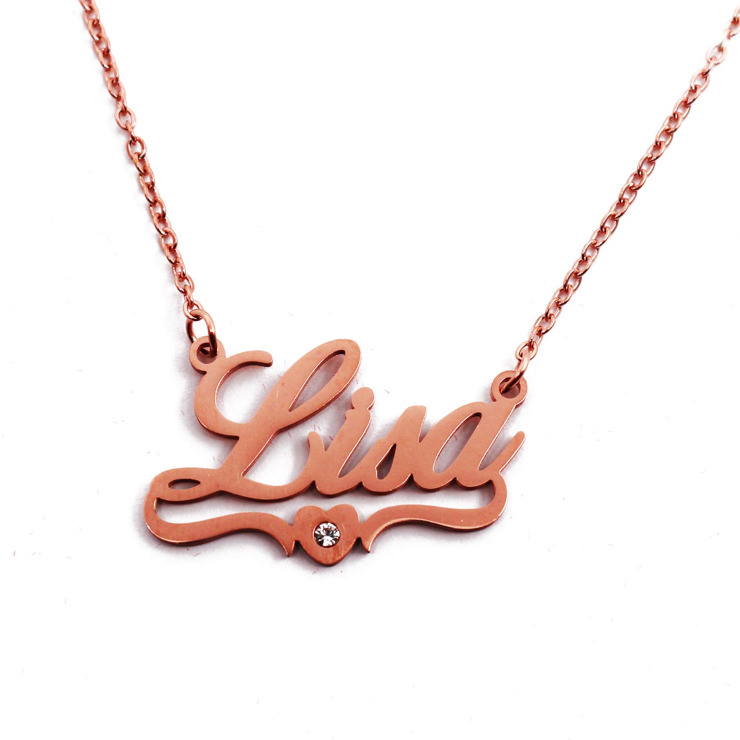 Kigu Lisa Personalised Heart Shaped Name Necklace Rose Gold Plated, Custom Dainty Name Pendants, Jewellery for Ladies, Girlfriend, Mother, Sister, Friends
