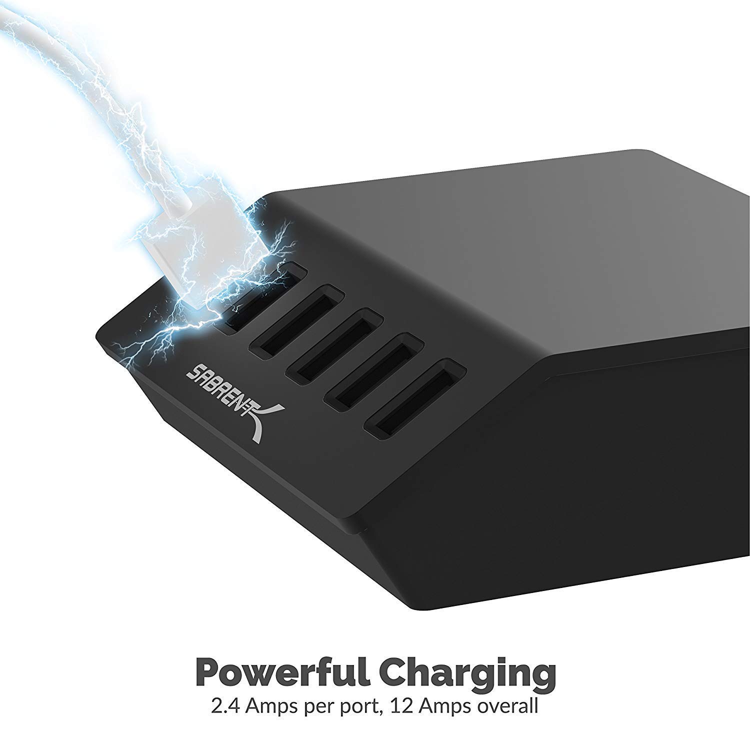 SABRENT Premium 60 Watt (12 Amp) 6 Port Aluminum Family Sized Desktop USB Rapid Charger.[UL Certified ] Smart USB Charger with Auto Detect Technology [Black] (AX-FLCH-B)