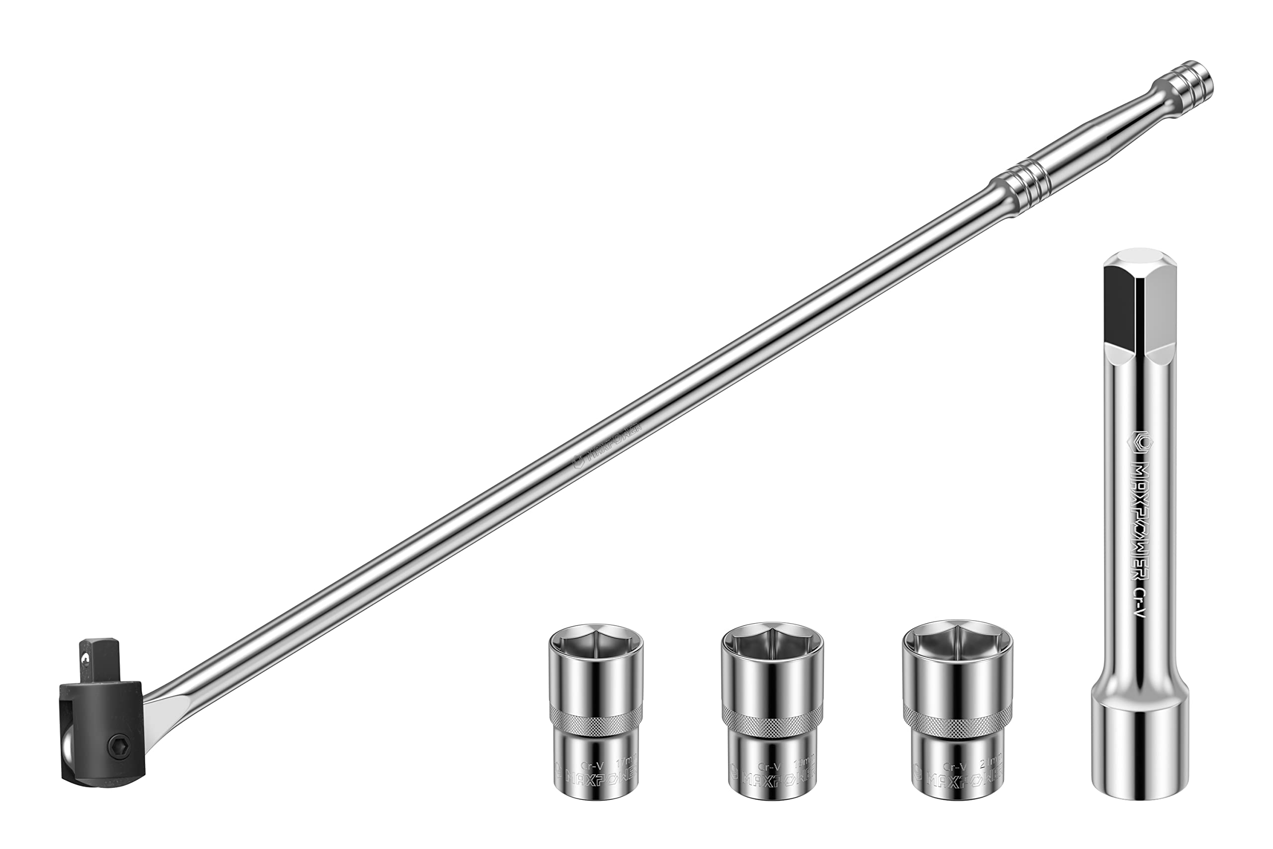MAXPOWER 24 inch 1/2'' Drive Breaker Bar with Socket Set, 600mm Breaker Bar with 125mm Extension Bar and 17mm, 19mm, 21mm Socket