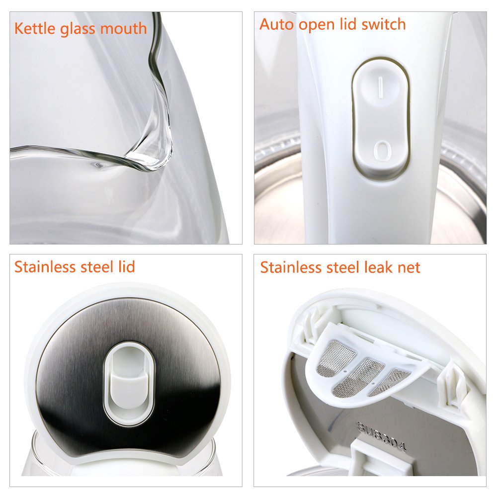 Gohyo 2-Liter Glass Electric Tea Kettle for Fast Boiling, Hot Water Heater Pot with Auto Shut off and Boil-Dry Protection, 1500W, FDA Approved, BPA-Free ( White )