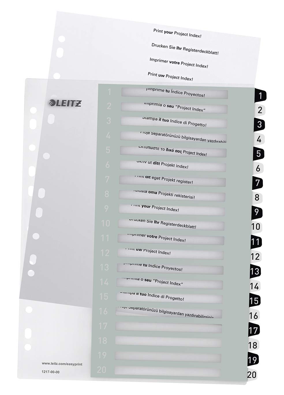 Leitz WOW Printable Index, Extra-Wide, 1-20 Numbered Tabs, PP, A4, White/Black