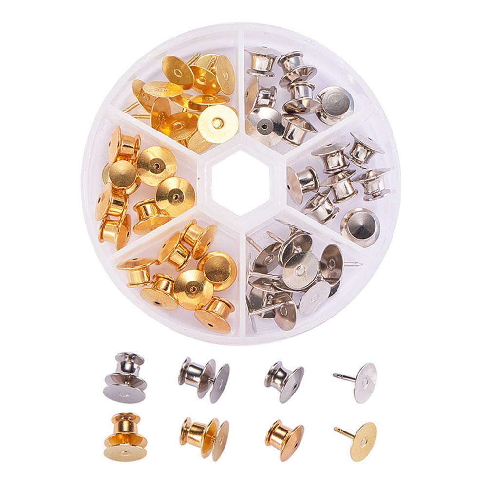 BENECREAT 60PCS Pins Locking Backs with Tie Tacks Blank Pins Locking Clasp Pin Keepers Backs Replacement with Storage Case for DIY Jewelry Making-Golden & Platinum