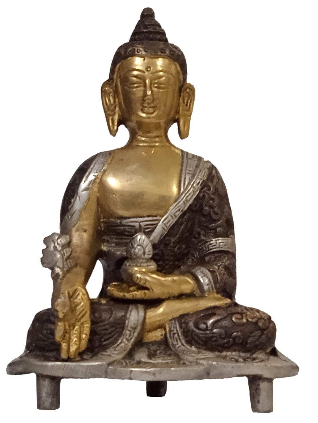 Purpledip Brass Idol Lord Buddha In Unique Copper Silver Finish: Collectible Statue For Temple, Decor Or Gifting (10963)