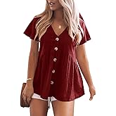 JayGate Womens Short Sleeve V Neck Blouse Button Down Shirt Loose Casual Ruffle Hem Babydoll Peplum Tops